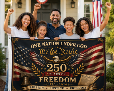 250 Years of Freedom Double-Sided Flag — We the People Eagle & American Flag Banner (1776–2026)