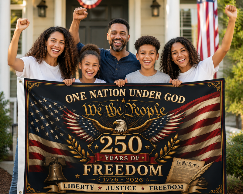 250 Years of Freedom Double-Sided Flag — We the People Eagle & American Flag Banner (1776–2026)