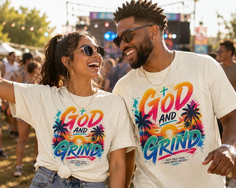 God and Grind T-Shirt — Retro Tropical Faith & Hustle Tee